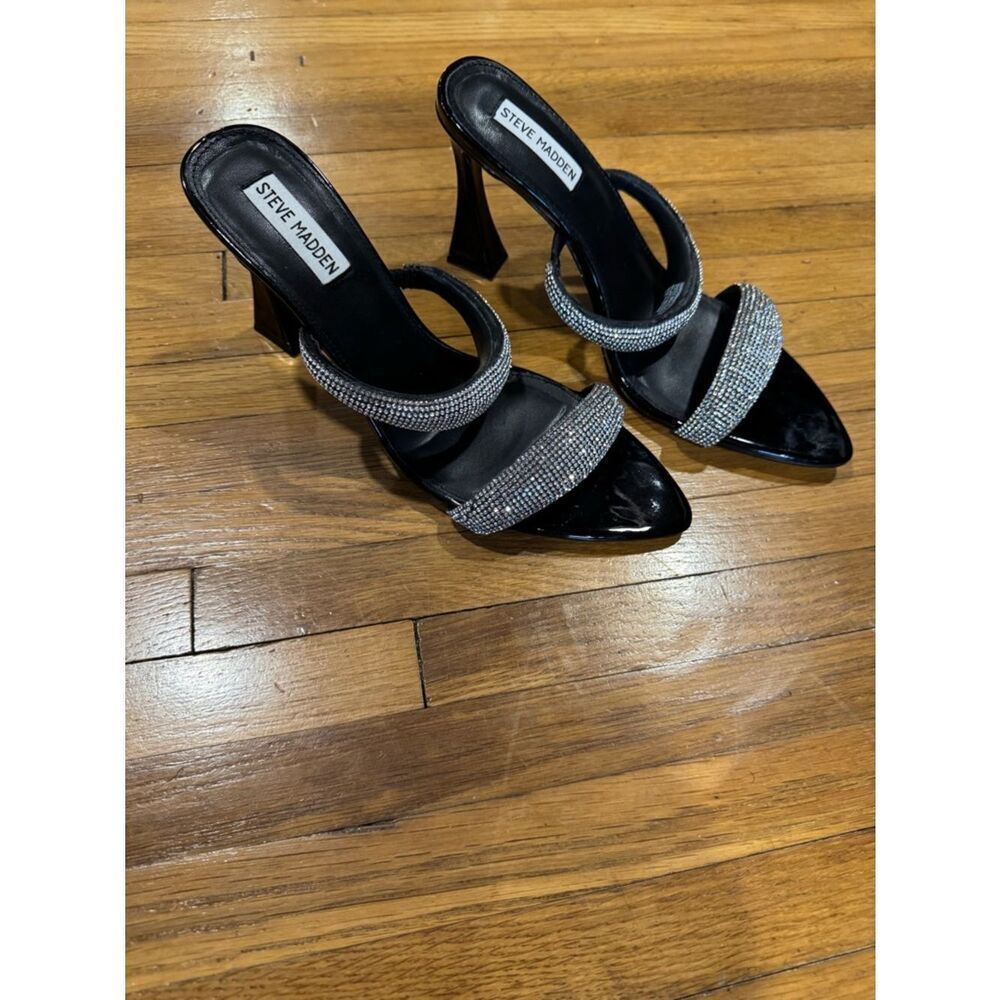 Revolve Steve Madden Metallic Harperr Black Crystal Embellished Heeled Sandals - Picture 7 of 13